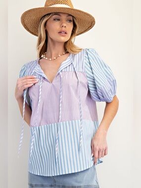 easel Striped Patchwork Puff Sleeve Top in Light Blue and Lavender